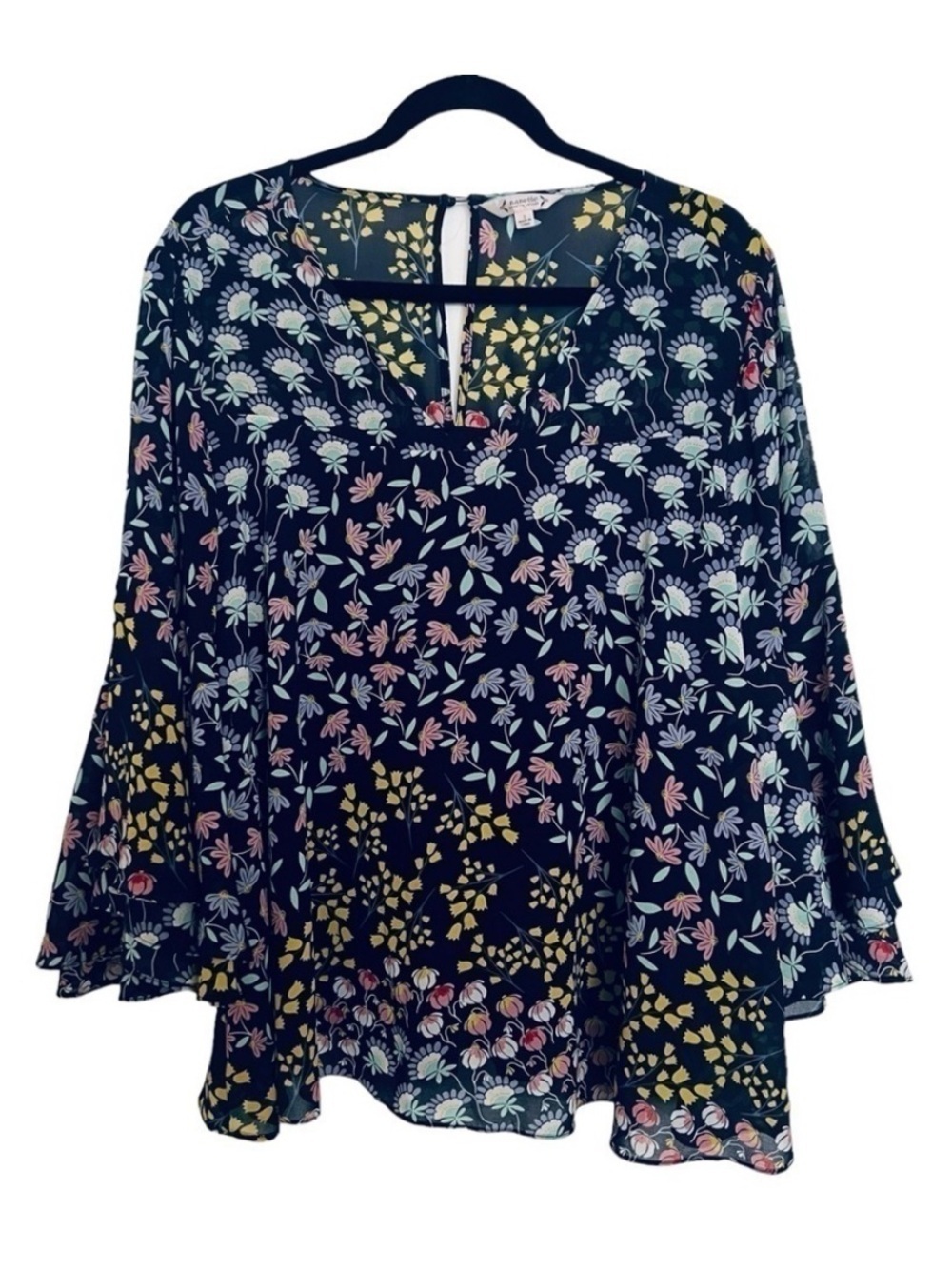 Nanette Nanette Lepore Navy Blue Colorful Floral V Neck Floral Blouse